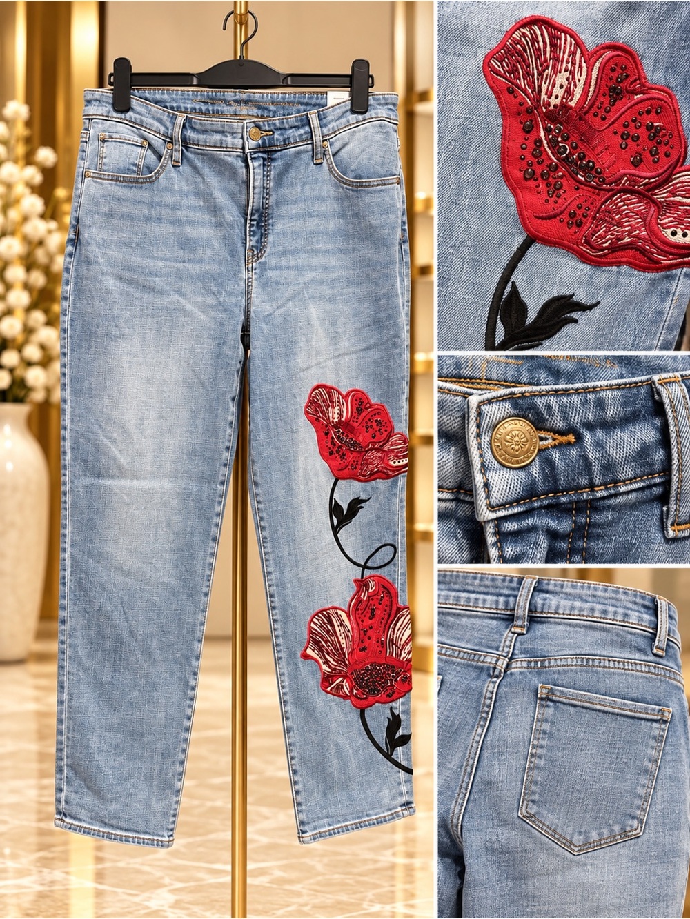 $190 Chico’s Placed Floral Girlfriend Slim Ankle Jeans 16R